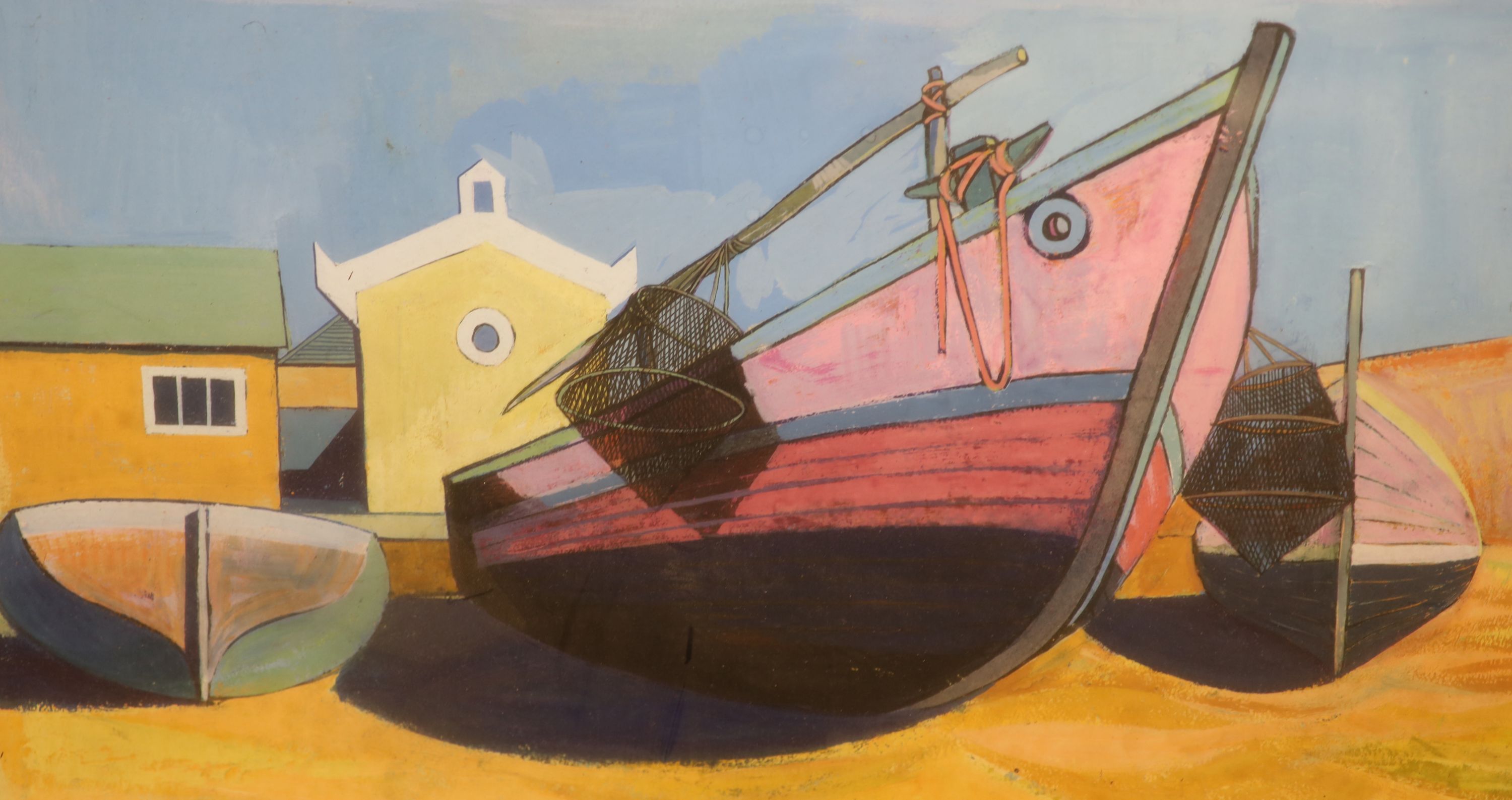 Paul Holmes, gouache, Beached fishing boats, 30 x 53cm